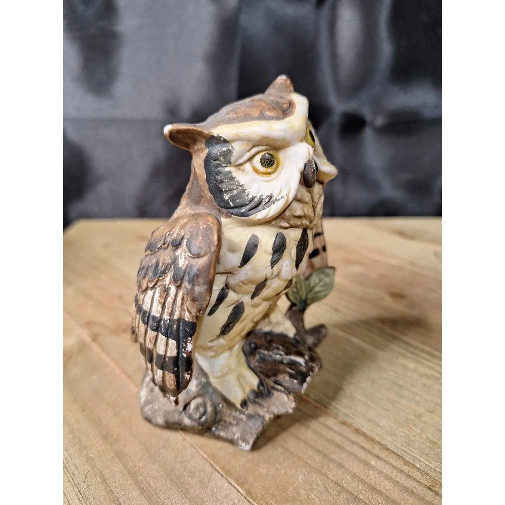 Vintage Ceramic Owl Figurine Hand Painted Great Horned Owl Bird Decor 4.5 Inch